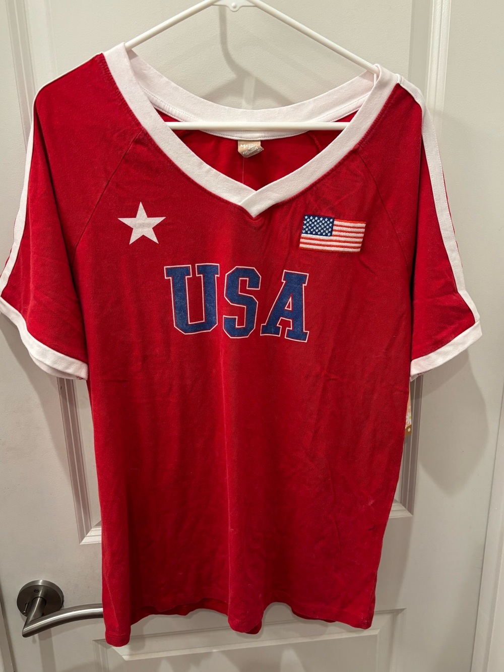 NWT Messy bun just chillin Red USA V-Neck Tee with American Flag Patch- L